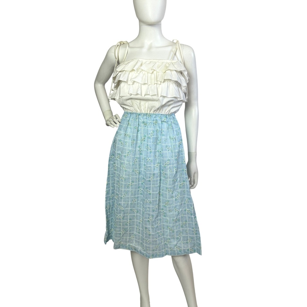 Vintage 70s Ruffle Tiered Sundress Blue Floral Gingham Cottagecore Midi Dress